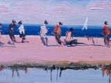 painting of a group of people walking on a beach next to a body of water