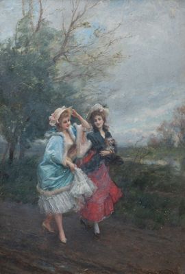 tableau représentant trois femmes marchant sur un chemin de terre, avec des arbres en arrière-plan