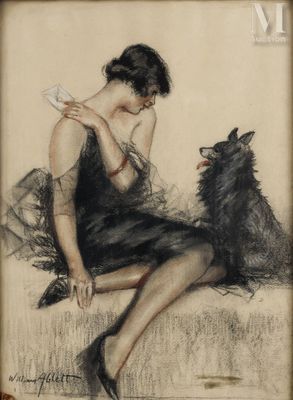 painting of a woman sitting on a couch with a dog and combing her hair