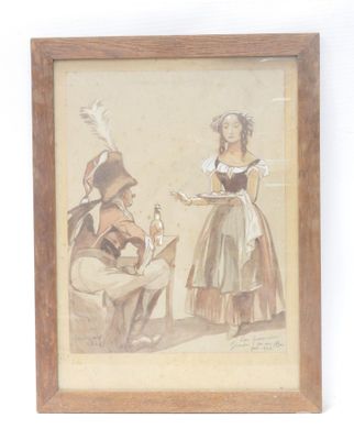 painting of a man and a woman sitting in a chair with a tray of food