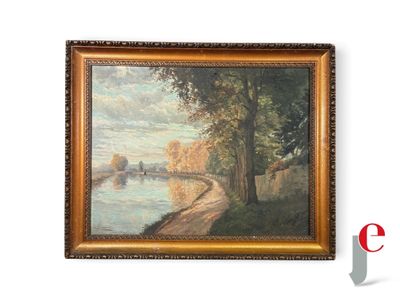 une peinture à l'huile représentant une scène fluviale avec un bateau sur l'eau