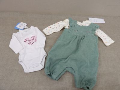deux vêtements pour bébé posés l'un à côté de l'autre