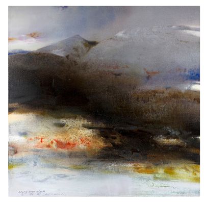 une image représentant un tableau où l'on voit un ciel nuageux avec une montagne en arrière-plan