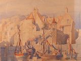 une aquarelle représentant un port avec des bateaux