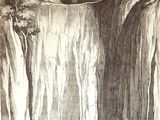 a drawing of a man standing on a cliff next to a waterfall