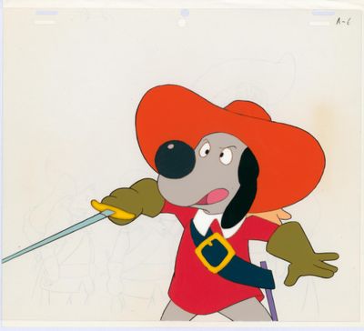 an image of a cartoon dog in a red hat holding a sword
