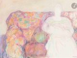 peinture au pastel représentant une femme assise sur un canapé, un bébé dans les bras