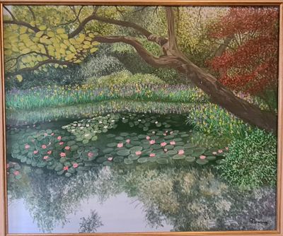 un tableau représentant un étang avec des nénuphars