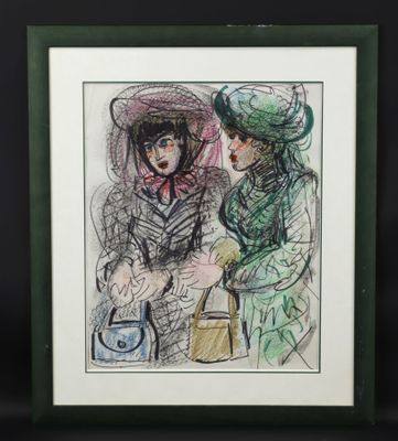 dessin encadré représentant deux femmes portant des chapeaux et tenant un sac à main