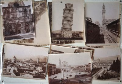several old black and white photographs of buildings and a clock tower