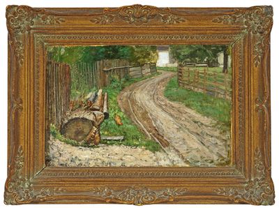 an image of a painting of a donkey laying down on the side of a road