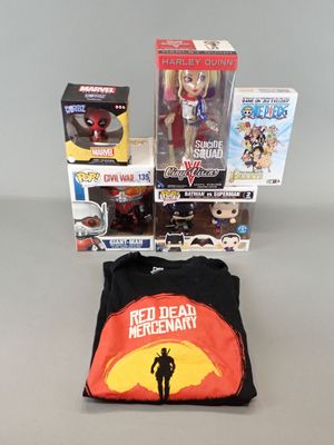 the contents of a red dead action kit including a backpack, t - shirt, and action figures