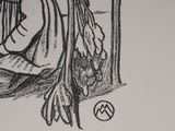 drawing of a woman sitting in a chair with her legs crossed