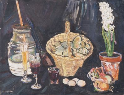 un tableau représentant un panier de provisions posé sur une table