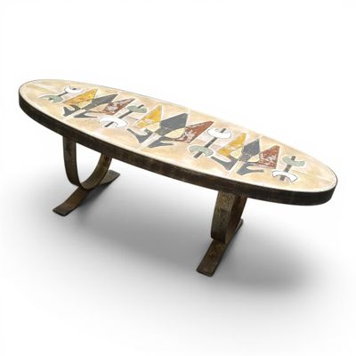 a surfboard that is sitting on top of a table