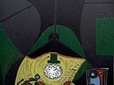 a painting of a vase with a clock on the side of it
