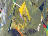peinture abstraite représentant des cerfs-volants colorés volant dans le ciel au-dessus d'un champ vert