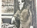 dessin représentant un homme en costume-cravate debout à côté d'une table
