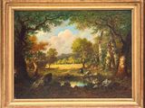 un tableau représentant un paysage boisé avec un homme et un chien au bord d'un ruisseau