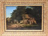 une peinture à l'huile représentant une scène de vie à la campagne, avec une maison au toit de chaume en arrière-plan