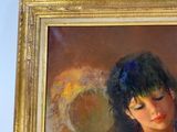 painting of a woman in a yellow dress holding a flower