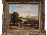 un tableau représentant un paysage avec un homme et un cheval au premier plan