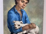 tableau représentant un jeune garçon tenant un chien blanc dans ses bras