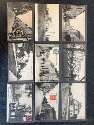 several black and white photographs of a building and a bench