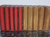 several books are lined up in a row on a table