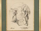 dessin représentant un homme et une femme avec un parapluie dans un champ
