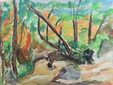 a watercolor painting of a stream running through a forest