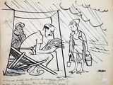 drawing of a man sitting in a chair talking to another man