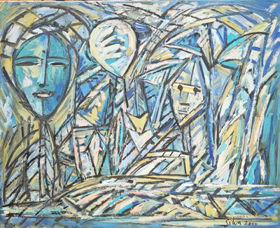 tableau représentant un homme et une femme dans une forêt