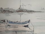 a painting of a boat on the water with a lighthouse in the background