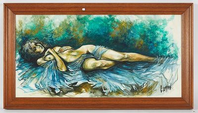 tableau représentant une femme en robe bleue allongée sur le ventre