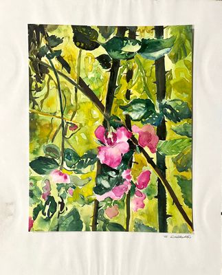 a picture of a painting of pink flowers on a tree
