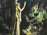 une image représentant un tableau où l'on voit une femme debout devant un bâtiment