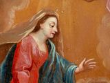 an image of a painting of a woman in a red dress with a halo above her head