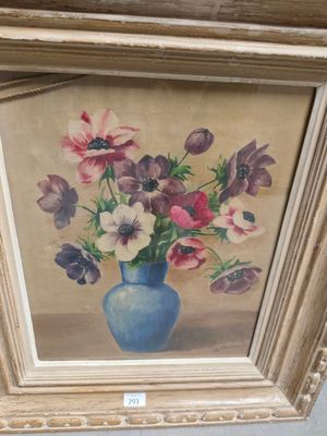 a painting of flowers in a blue vase on the wall