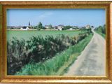 an oil painting of a country road with a village in the distance
