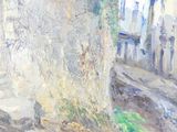 a painting of a man sitting on a bench next to a building