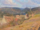 an oil painting of a rural landscape with houses and trees