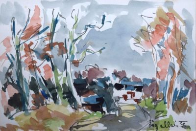 une aquarelle représentant un banc dans un parc