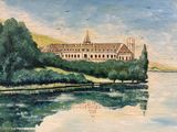 une peinture représentant un grand bâtiment au bord d'un lac