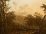 un tableau représentant des personnes à cheval dans un paysage boisé, avec un château au loin