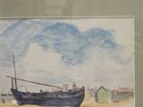 a picture of a painting of a boat on the beach
