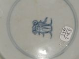 a blue and white plate with a bug on it