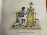 an old book with a picture of a man and a woman sitting on a chair