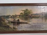 painting of a boat on a river with a village in the background