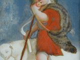 an image of a painting of a child with a stick and a dog